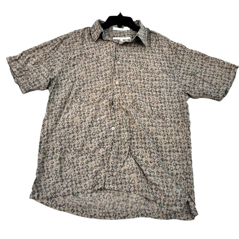 Perry Ellis Men’s Med 100% Silk Shirt Beige Gray Circle Print Short Sleeve B/U